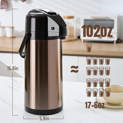 PARACITY Upgraded Airpot Coffee Carafe with Double Pump, Stainless Steel Drink Dispenser for Hot/Cold Beverage with Lazy Susan Base, Coffee Termos Para Cafe for Hot Cocoa for Parties