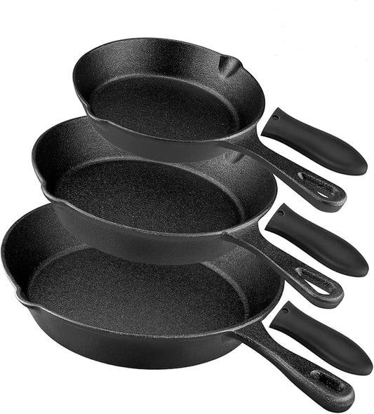 Pre-Seasoned Cast Iron Skillet Set - 3 Piece Frying Pan With Heat-Resistant Handles (6, 8, 10 Inch) for Frying, Saute, Pizza, Oven Safe (Black) by rincentd