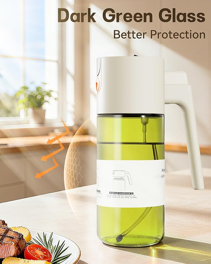 OURCABECUE Upgrade 2 in 1 Oil Sprayer for Cooking, 17oz Light-Blocking Glass Olive Oil Dispenser Bottle for Kitchen,Food-Grade Oil Mister with 8 Stickers for Salad, Frying (Green Bottle-White Gap) - Image 5