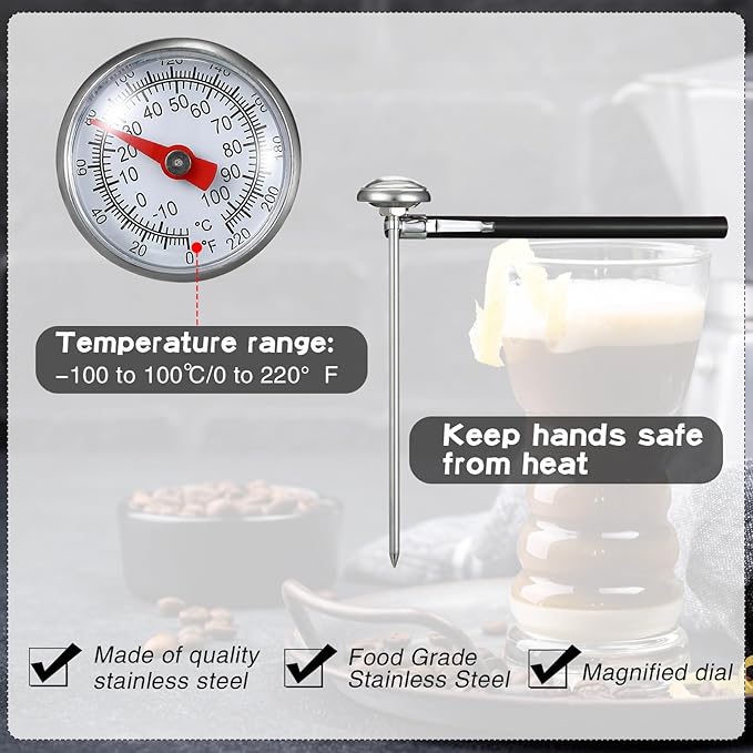 Xuhal 6 Pcs Stainless Steel Kitchen Thermometer with 5 Inch Long Stem 1 Inch Dial Thermometer Milk Frothing Food for Oven Probe Meat Grill BBQ Cooking Chocolate Water(Black) - Image 4