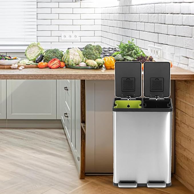Simpli-Magic 60 Liter / 16 Gallon Rectangular Hands-Free Dual Compartment Recycling Kitchen Step Trash Can with Soft-Close Lid, Brushed Stainless Steel (30L x 30L Capacity) - Image 7