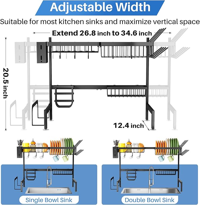 SNTD Over The Sink Dish Drying Rack - Adjustable Dish Rack for Kitchen Counter, Metal (Black) - Image 3