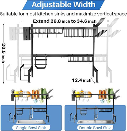 SNTD Over The Sink Dish Drying Rack - Adjustable Dish Rack for Kitchen Counter, Metal (Black) - Image 3