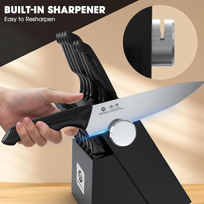imarku Knife Set with Block, Sharp Knives Set with Built-in Sharpener, Stainless Steel Kitchen Knife Sets with Non-Slip Ergonomic Handle, Dishwasher Safe, 14 PCS Professional Knife Set for Gift, Black - Image 4