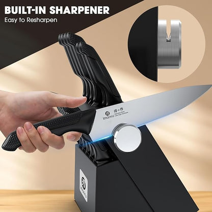 imarku Knife Set with Block, Sharp Knives Set with Built-in Sharpener, Stainless Steel Kitchen Knife Sets with Non-Slip Ergonomic Handle, Dishwasher Safe, 14 PCS Professional Knife Set for Gift, Black - Image 4