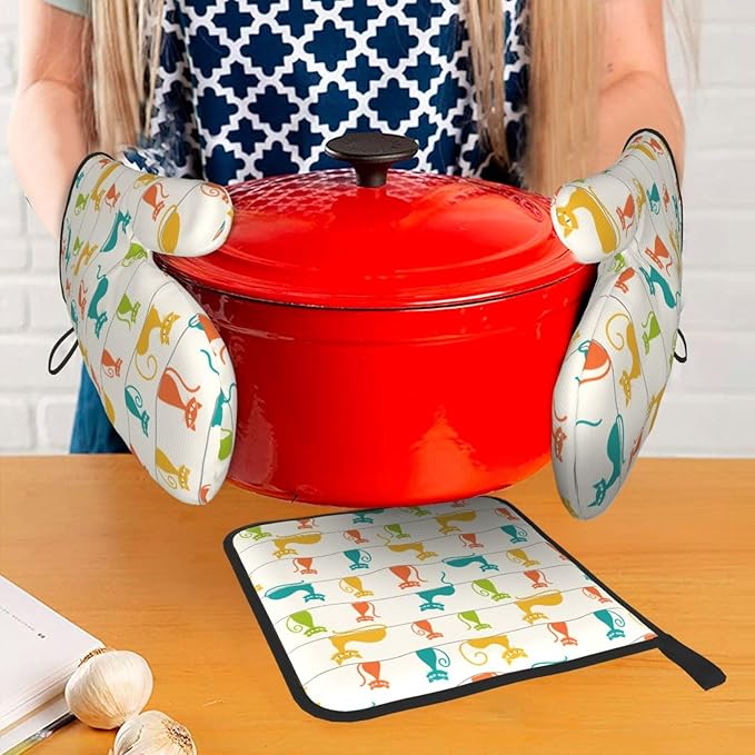 Mid Century Modern Cats Oven Mitts and Pot Holders Set Heat Resistant Cute Oven Gloves for BBQ Baking Grilling Cooks Kitchen Decor 3 Piece - Image 7