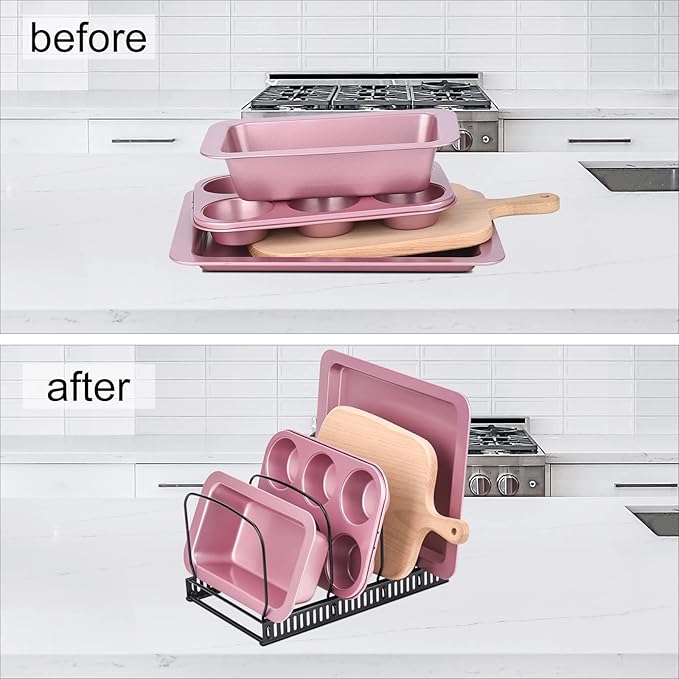 Toplife 10+ Bakeware Organizer Rack for Kitchen Bakeware, Cookware, Dinnerware, Cutting Boards, Plates, Pot and Pan Lids (Black) - Image 3