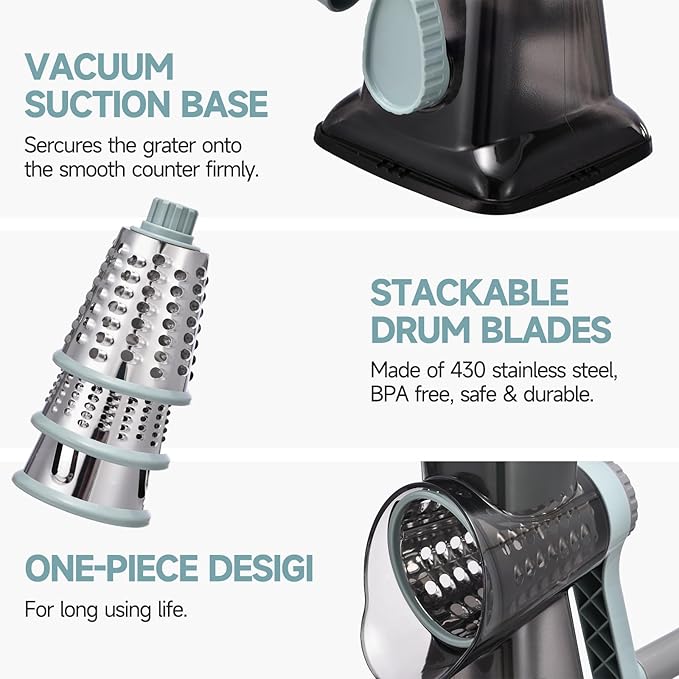 Rotary Cheese Grater with Handle Kitchen Shredder Slicer Grater Slicer Ice Shaver Cheese Vegetable Nuts Potato Zucchini Chocolate 3 Interchangeable Blades (GreyBlue - Image 6