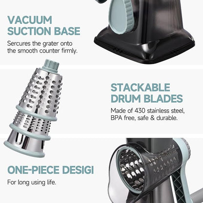 Rotary Cheese Grater with Handle Kitchen Shredder Slicer Grater Slicer Ice Shaver Cheese Vegetable Nuts Potato Zucchini Chocolate 3 Interchangeable Blades (GreyBlue - Image 6
