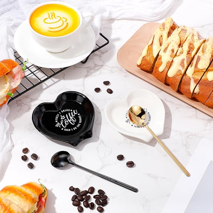 FoldTier 2 Pcs Ceramic Coffee Spoon Rest with Spoon Small Heart Black White Stirrer Holder Bar Station Accessories Decoration Lover Housewarming Gift(Rest But First Coffee) - Image 6