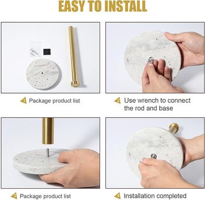 Koville Paper Towel Holder Countertop, Standing Paper Roll Holder with 6" Weighted Marble Base, Stone Paper Towel Holder with Gold Stainless Steel Rod for Kitchen Bathroom (River White)
