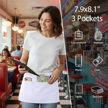 BOHARERS Waist Apron with 3 Pockets 3 Pack - White Waitress Server Short Apron - Image 2