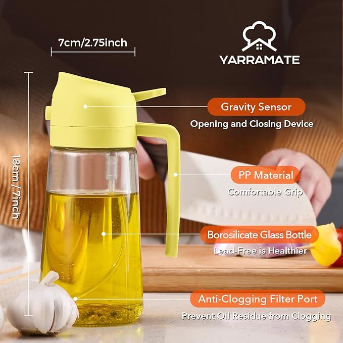 YARRAMATE 16oz/470ml Glass Olive Oil Sprayer for Cooking with Stickers, 2 in 1 Oil Dispenser for Kitchen Gadgets, Food Grade Premium Spray Bottle for Salad, Frying, BBQ (Pomelo) - Image 8