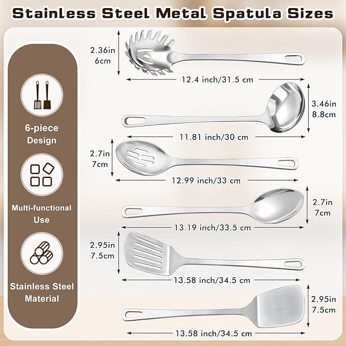 6 Pcs Cooking Utensils Set, Stainless Steel Kitchen Utensils, Heat Resistant Metal Kitchen Tools Include Solid & Slotted Turner Wok Spatula, Serving Spoon, Ladle, Pasta Server, Easy to Clean, Silver - Image 7
