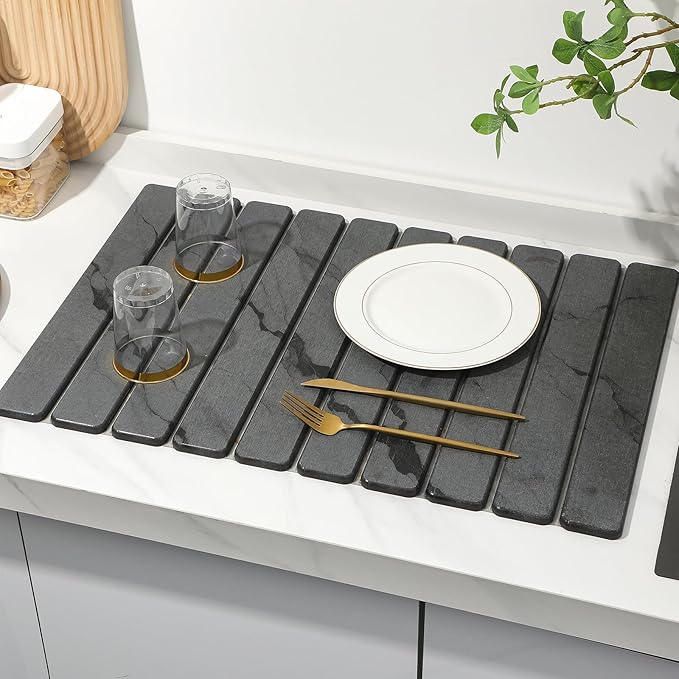 Large Stone Dish Drying Mat for Kitchen Counter, Quick Dry Stone Dishes Mats,Foldable Water Absorbing Diatomaceous Earth Drying Organizer Pad for Plate Rack Bottles Utensils(Dark Gray 24"×16" & 8"x4") - Image 8