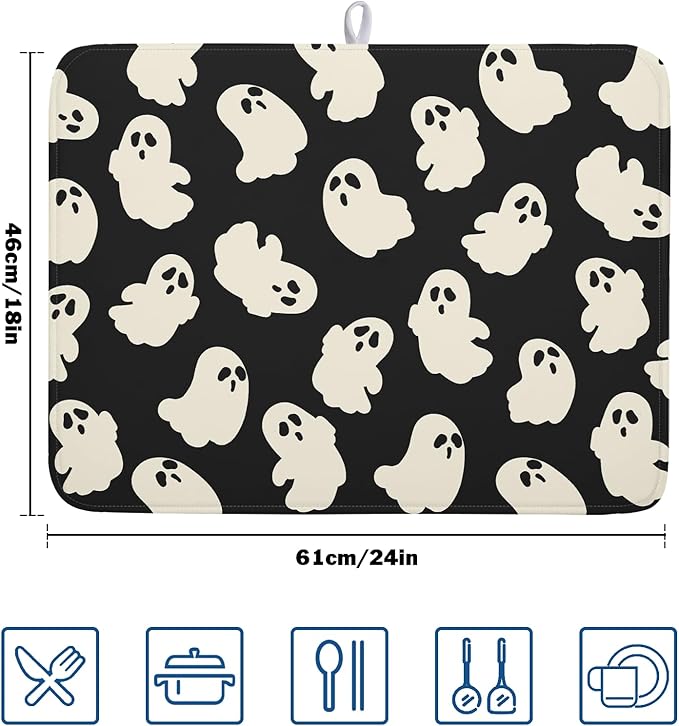 Halloween Ghosts Dish Drying Mat for Kitchen Counter Halloween Cute Ghost Drying Dish Mat 18”x24” Absorbent Microfiber Reversible Kithchen Mats for Countertop Fast Dry Dish Draining Mats for Halloween