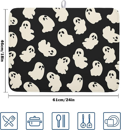 Halloween Ghosts Dish Drying Mat for Kitchen Counter Halloween Cute Ghost Drying Dish Mat 18”x24” Absorbent Microfiber Reversible Kithchen Mats for Countertop Fast Dry Dish Draining Mats for Halloween