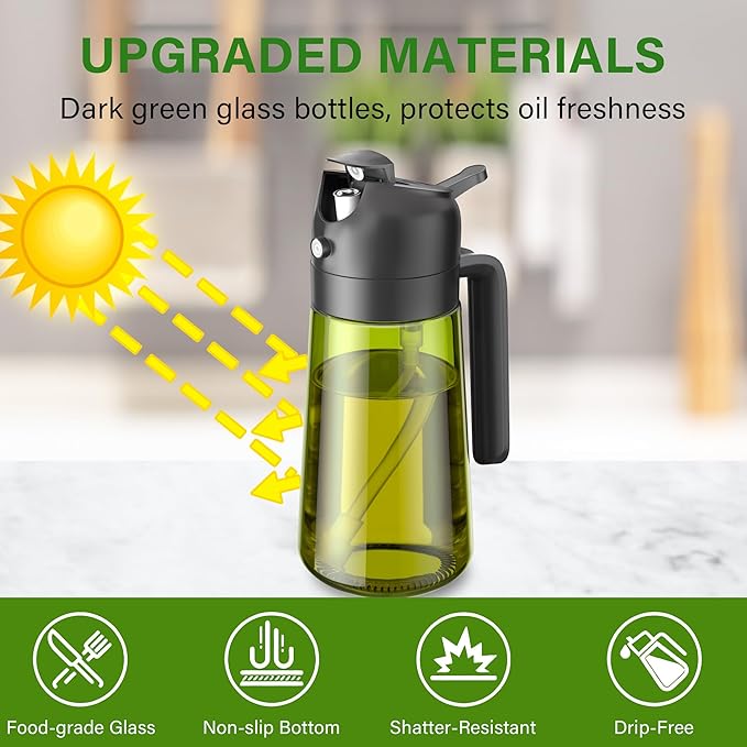Vakoo Oil Sprayer for Cooking, 2 in 1 Oil Dispenser for Kitchen, 16oz/470ml Light-Blocking Dark Glass Olive Oil Spray Bottle, Air Fryer, Salad & BBQ (Black&Black)