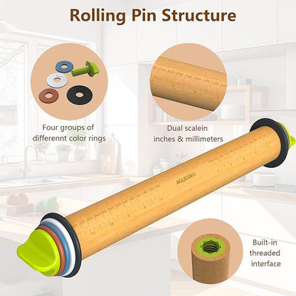 Rolling Pin with Adjustable Thickness Ring and Silicone Baking Mat for Baking, Fondant,Pizza,Pie,Cookies,Pastries,13.6"Wooden Rolling Pin Dough Roller with 4 Multi-Color Thickness Rings - Image 8
