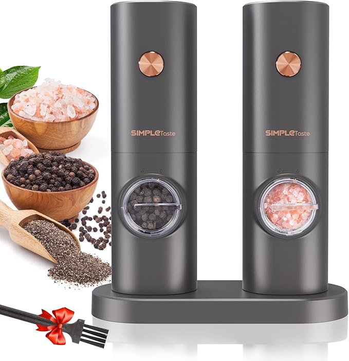 SIMPLETASTE Electric Salt and Pepper Grinder Set with LED Light, Automatic Pepper Mill Shakers with Adjustable Coarseness, One Hand Operation for Kitchen, Dining, Gifting, Space Gray, Battery Operated by SIMPLETaste