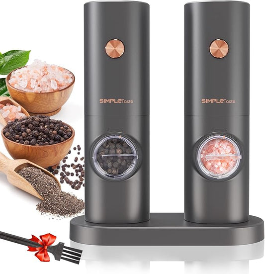 SIMPLETASTE Electric Salt and Pepper Grinder Set with LED Light, Automatic Pepper Mill Shakers with Adjustable Coarseness, One Hand Operation for Kitchen, Dining, Gifting, Space Gray, Battery Operated by SIMPLETaste