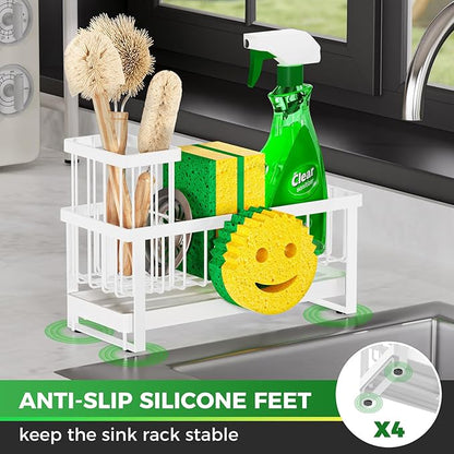 Sponge Holder for Kitchen Sink,Sink Caddy with Removable Dish Brush Holder,Self-Draining Kitchen Countertop Organizers and Storage Essentials,Soap Dispenser Organize and Home Decor-White - Image 3