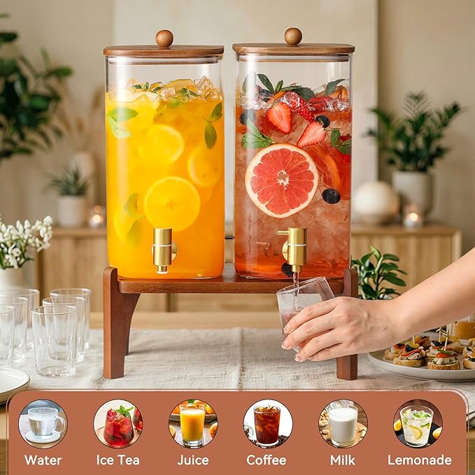 2 Pack 1.5 Gallon Square Glass Drink Dispenser with Wooden Stand & Lid, Large Beverage Dispenser with Stainless Steel Spigot, Juice & Lemonade Dispenser for Parties, Iced Tea, Water, Space-Saving - Image 5