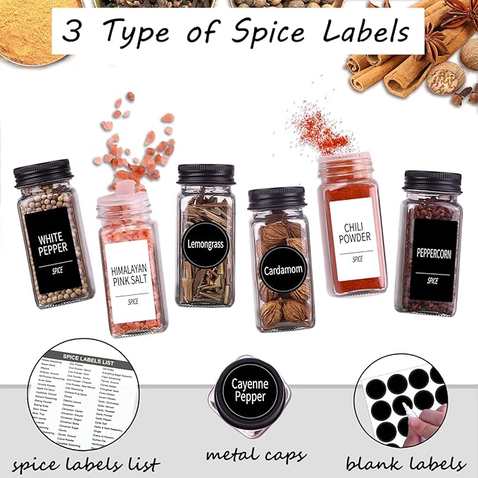 Churboro 25 Spice Jars with 547 Labels- Glass Spice Jars with Black Metal Caps, 4oz Empty Spice Containers with Shaker Lids, Funnel, Chalk Pen, Square Seasoning Bottles for Spice Rack, Drawer, Cabinet - Image 2