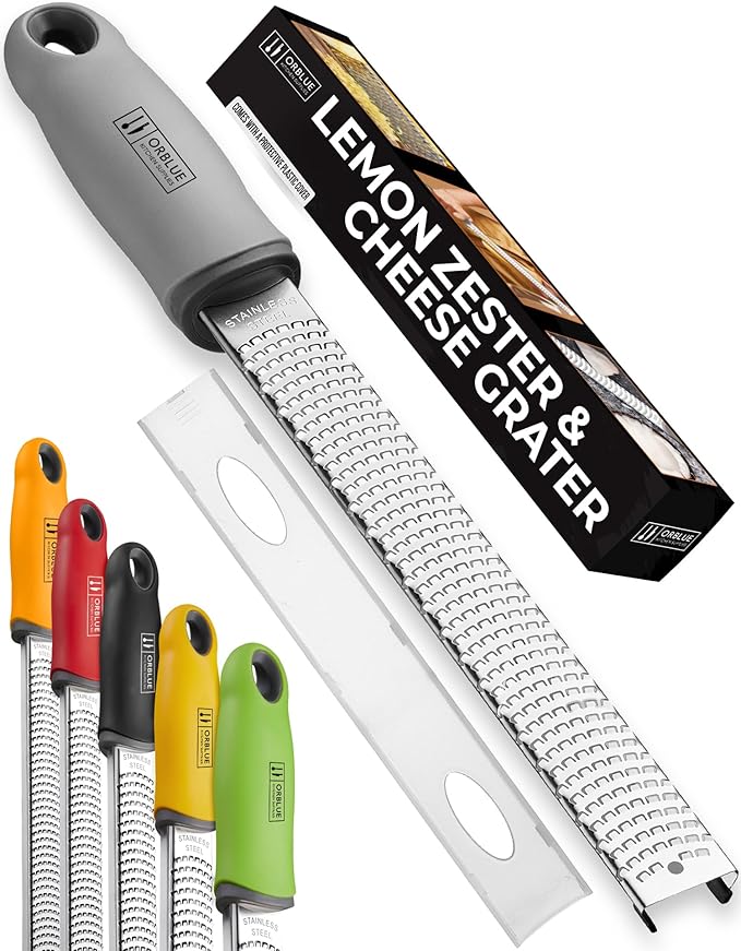 Orblue Lemon Zester & Cheese Grater - Premium Citrus Zester, Kitchen Grater for Parmesan, Chocolate, Fruits, Vegetables, Ginger, Garlic, Nutmeg - Stainless Steel Blades with Protective Cover, Gray by Orblue