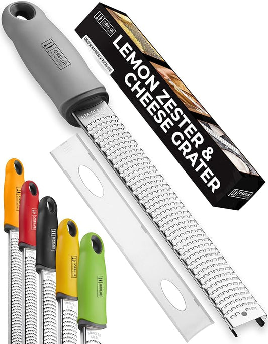 Orblue Lemon Zester & Cheese Grater - Premium Citrus Zester, Kitchen Grater for Parmesan, Chocolate, Fruits, Vegetables, Ginger, Garlic, Nutmeg - Stainless Steel Blades with Protective Cover, Gray by Orblue