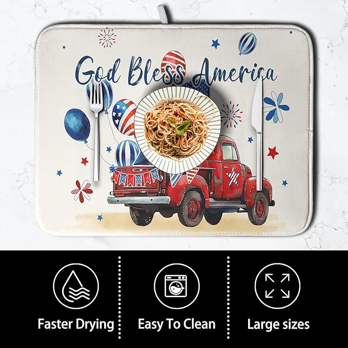 4th of July Drying Mat for Kitchen Counter 16 x 18 US Independence Day Patriotic Truck Dish Drying Mat Polyester American Flag Dish Drainer Mat Super Absorbent Dish Rack Pad for Coffee Bar Sinks - Image 4
