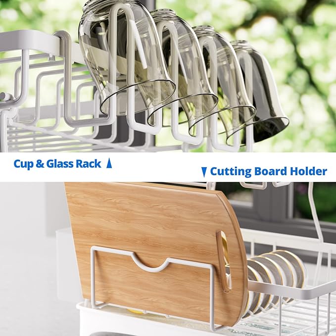 Godboat Dish Drying Rack, 2-Tier Dish Rack with Auto-Drain & Mat, Dish Racks for Kitchen Counter, Dish Drainer with Knife, Fork & Cup Rack, Gifts for Women, Mothers Day, Kitchen Gadgets, White - Image 6