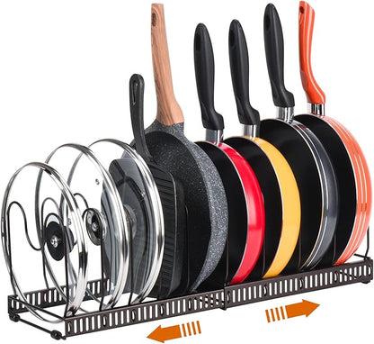Toplife Pots and Pans Organizer Rack for Cabinet and Countertop, 10+ Pot Lids, Bakeware and Cookware Organizer Rack Holder with 10 Adjustable Compartments - Brown by Toplife