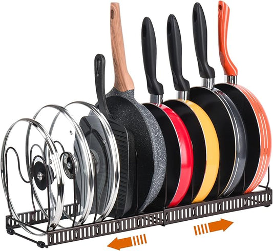 Toplife Pots and Pans Organizer Rack for Cabinet and Countertop, 10+ Pot Lids, Bakeware and Cookware Organizer Rack Holder with 10 Adjustable Compartments - Brown by Toplife