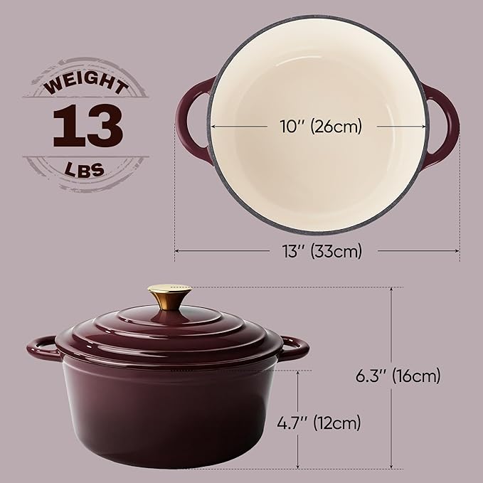 6 Quart Dutch Oven Pot with Lid, Non Stick Enameled Cast Iron Dutch Oven for Bread Baking, Heavy-Duty, Oven Safe Ceramic Cookware Up to 500°F for Baking, Braising, Stews, Roasting, Fig - Image 5