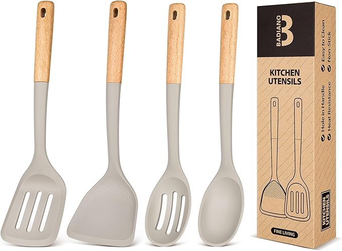 Silicone Cooking Utensils Set, Perfectly Angled for Frying, Mixing,Serving,Draining,Turning and Stirring, BPA-Free Matte Silicone, Wood Handles, Safe for Nonstick Cooking Surfaces,4 Pack (Khaki) by BADIANO