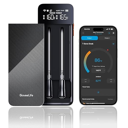 GoveeLife Smart Wireless Meat Thermometer 2 Probes with Stable Bluetooth WiFi Transmission, Digital Oven Thermometer with Accuracy±1.8℉, IP68, Charge Magnetic Base, Alarm, for BBQ, Grill, Smoker