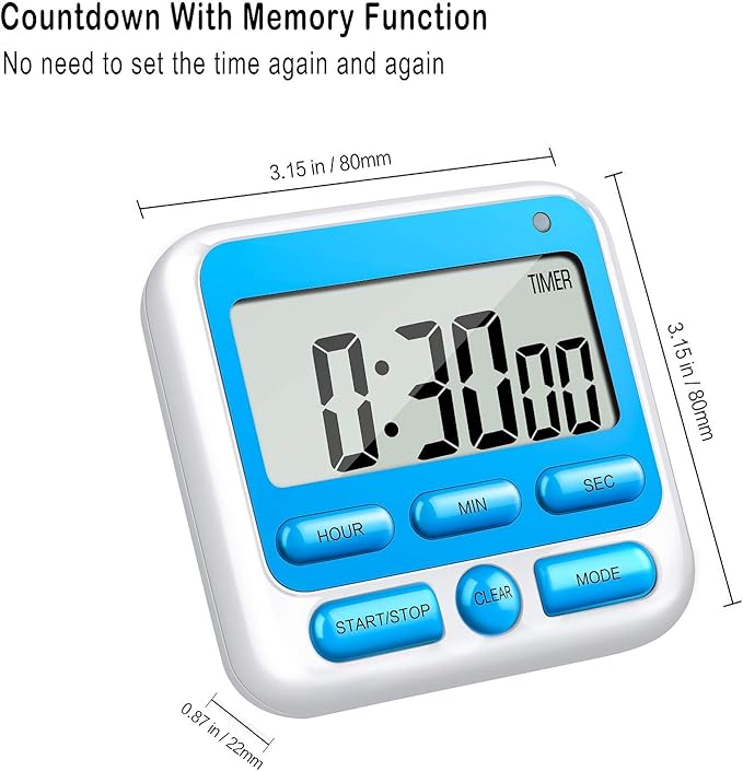 KTKUDY Digital Kitchen Timer with Mute/Loud Alarm Switch ON/Off Switch, 12-Hour Clock & Alarm, Memory Function Count Up & Count Down for Kids Teachers Cooking, Large LCD Display, Strong Magnet (Blue) - Image 5