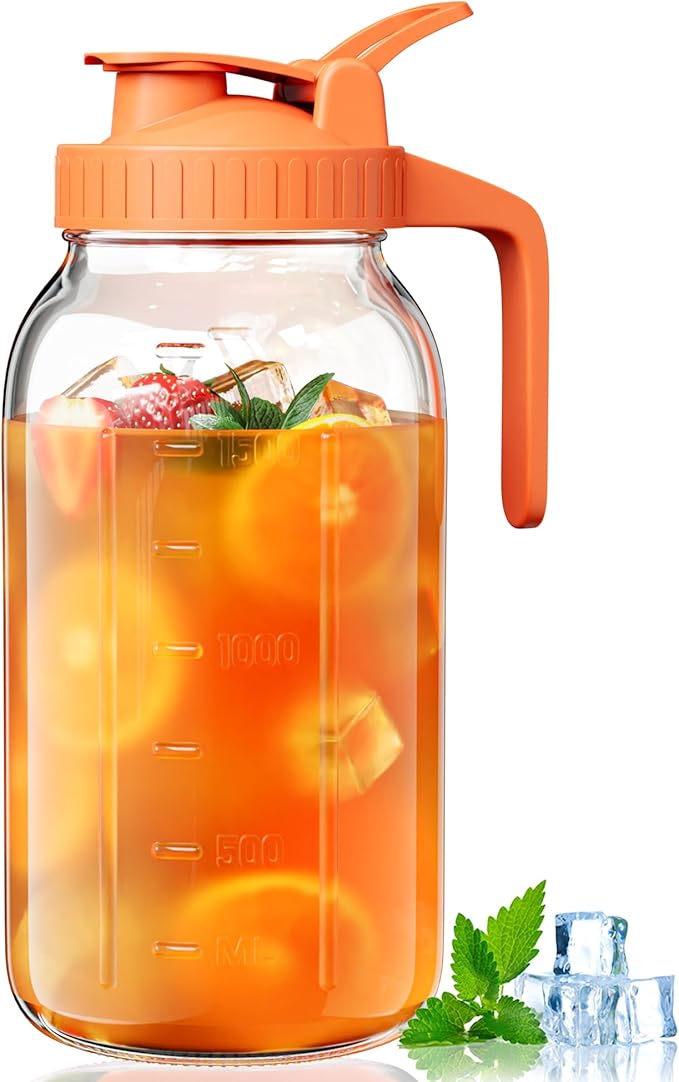 Glass Pitcher with Airtight Lid and Spout, 64oz Mason Jar Pitcher - Wide Mouth, Leakproof Water Jug for Juice, Sun Iced Tea, Cold Brew Coffee, Milk Storage, Orange by VA1KENE
