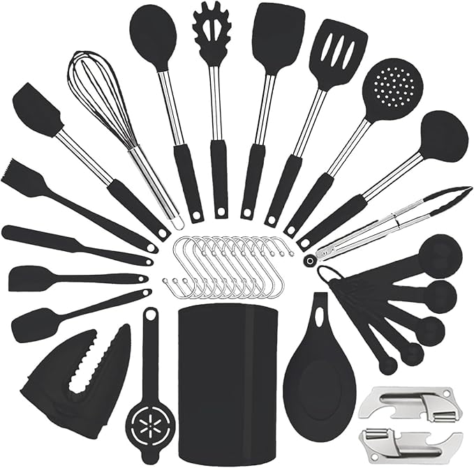 Silicone Kitchen Cooking Utensils Set with Stainless Steel Handle, Spatula Set Utensil Set, Cooking Utensil Set,Kitchen Tools Gadgets for Nonstick Cookware (35, Black) by BECBOLDF