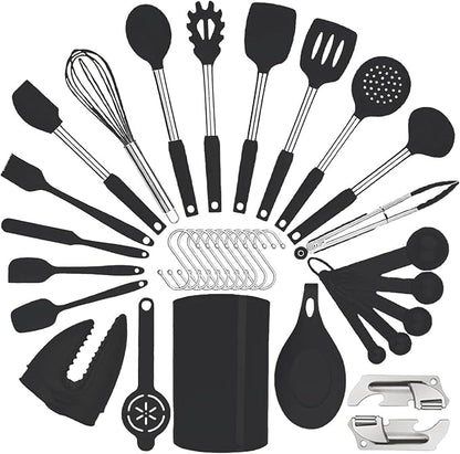Silicone Kitchen Cooking Utensils Set with Stainless Steel Handle, Spatula Set Utensil Set, Cooking Utensil Set,Kitchen Tools Gadgets for Nonstick Cookware (35, Black) by BECBOLDF
