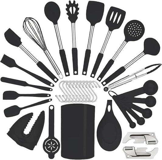 Silicone Kitchen Cooking Utensils Set with Stainless Steel Handle, Spatula Set Utensil Set, Cooking Utensil Set,Kitchen Tools Gadgets for Nonstick Cookware (35, Black) by BECBOLDF