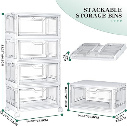 Kmiectse Clear Storage Bins with Lids - 4 Tier Plastic Bins with Wheels, Stackable Storage Bin, Closet Organizers Box for Bedroom, Living Room, 23 QT Folding Box with Magnetic door - Image 2