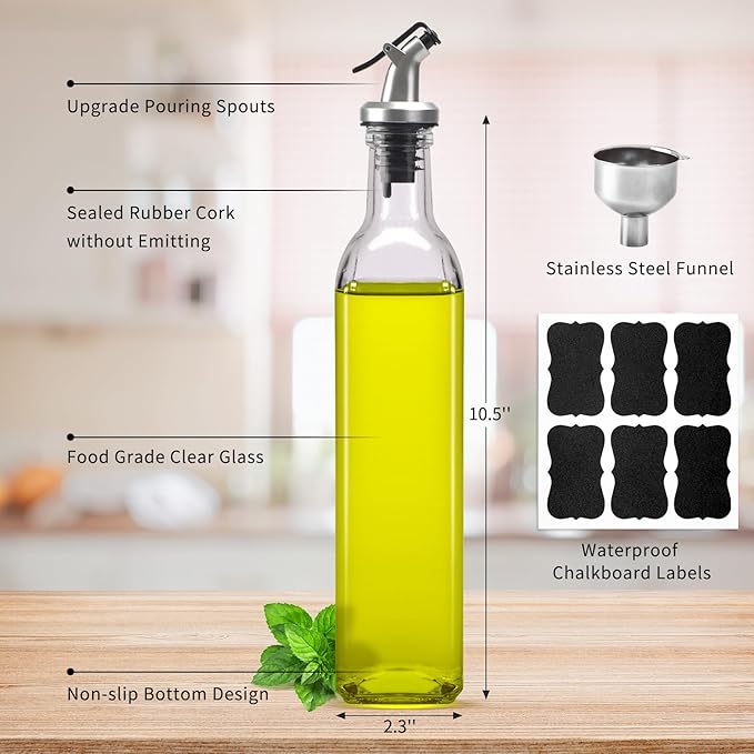 BAKHUK 4 Pack 17oz Olive Oil Dispenser Bottles, 500ml Clear Glass Vinegar Cruet with Pourers and Funnel for Kitchen - Image 2