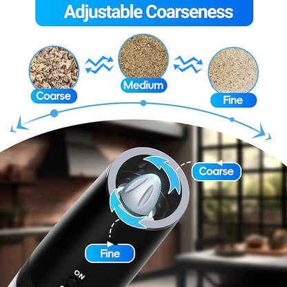 MealHelper Rechargeable Gravity Electric Salt and Pepper Grinder Set with LED Light, Type-C Fast Charging, Adjustable Coarseness, Large Capacity Grinder for Kitchen, Restaurant & Outdoor, (2 Pack)