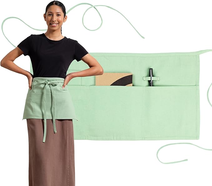 MEEMA Chef Waist Apron Cotton Fabric |Washable & Breathable Waitress & Server Half Aprons for Women with Pockets & Long Waist Straps | Cooking, Baking, Grilling & Crafting
