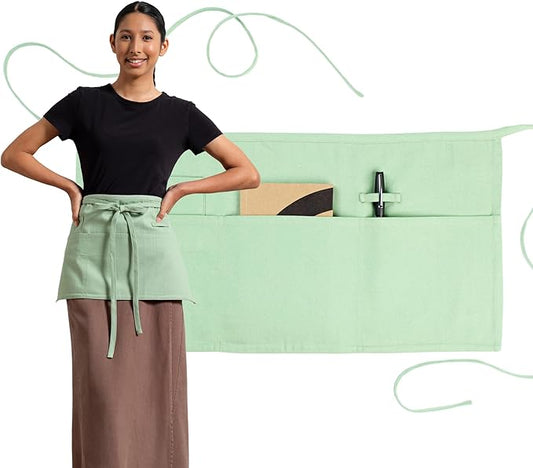 MEEMA Chef Waist Apron Cotton Fabric |Washable & Breathable Waitress & Server Half Aprons for Women with Pockets & Long Waist Straps | Cooking, Baking, Grilling & Crafting