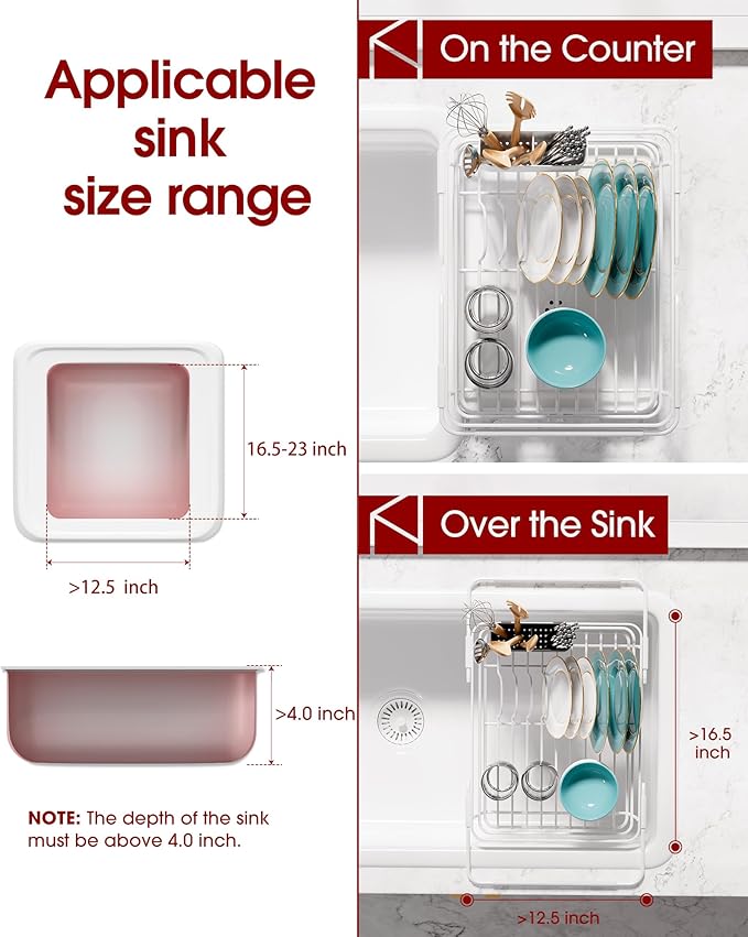 Sakugi Extendable Dish Drying Rack Over Sink with Dish Drainer, Sink Organization and Storage Essentials with Silverware & Utensil Holder, Home and Apartment Decor, 12" W x 16.1~23" L, White - Image 2