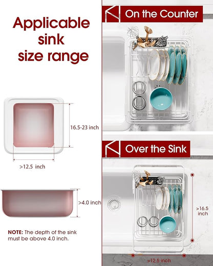 Sakugi Extendable Dish Drying Rack Over Sink with Dish Drainer, Sink Organization and Storage Essentials with Silverware & Utensil Holder, Home and Apartment Decor, 12" W x 16.1~23" L, White - Image 2