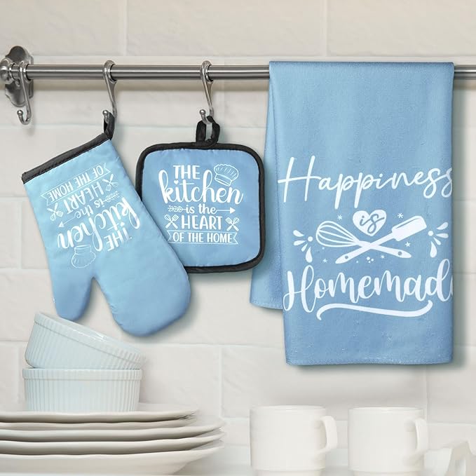 Sratte 6 Pcs Kitchen Decor Accessories Set Farmhouse Towels Pot Holders Oven Mitts Set 2 Dish Towels 2 Potholders 2 Cooking Mittens Oven Glove for Christmas Baking Cooking Supply(Light Blue,Kitchen) - Image 2